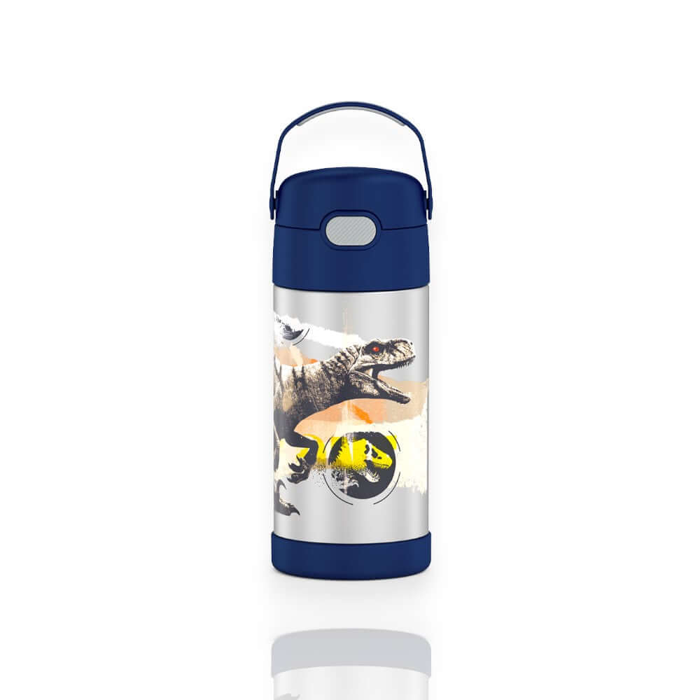 Garrafa Térmica Funtainer Thermos - 355ml com design infantil de dinossauro, ideal para manter bebidas frias por até 12 horas.