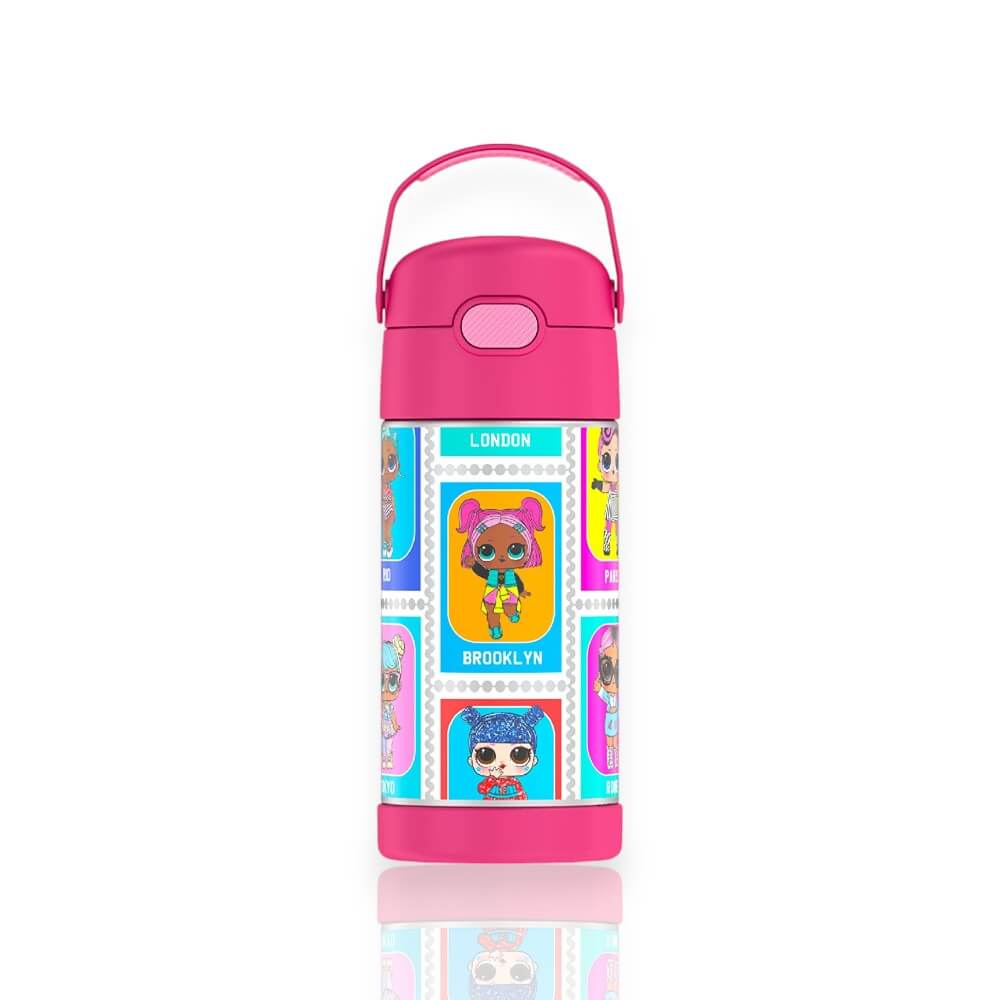 Garrafa Térmica Funtainer Thermos - 355ml rosa com personagens infantis, mantém bebidas geladas por até 12 horas, prática e segura.