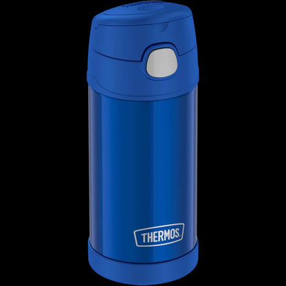 Garrafa Térmica Funtainer Thermos - 355ml azul para crianças, mantendo bebidas geladas por 12 horas com isolamento a vácuo.