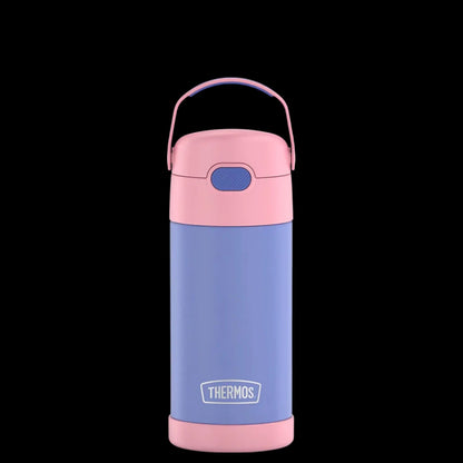 Garrafa Térmica Funtainer Thermos - 355ml em azul e rosa, ideal para crianças, mantém bebidas frias por 12h com tecnologia a vácuo Thermos.