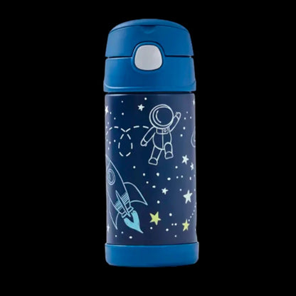 Garrafa Térmica Funtainer Thermos - 355ml com design infantil de astronauta e foguete, ideal para manter bebidas frias por 12 horas.