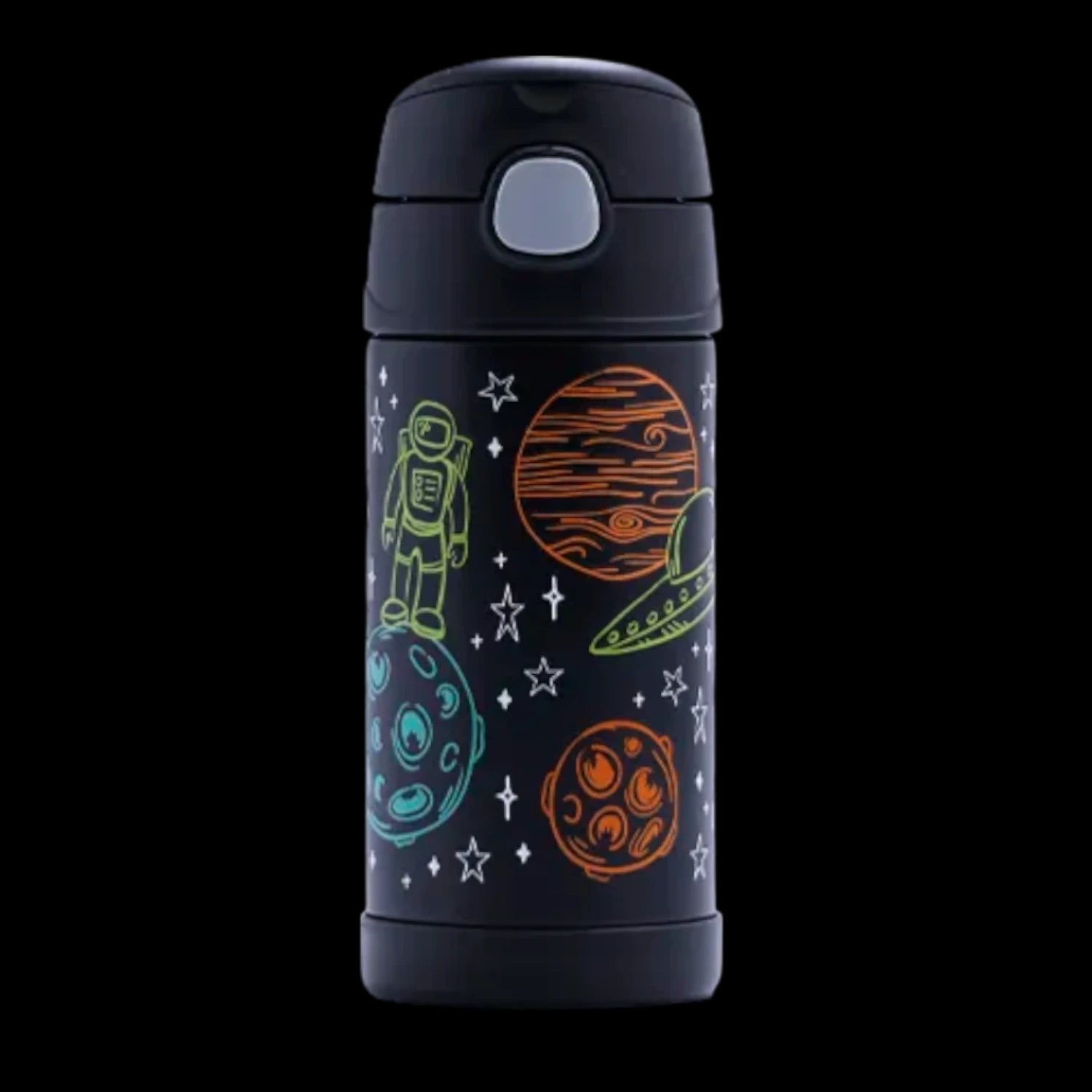 Garrafa Térmica Funtainer Thermos - 355ml com design espacial, ideal para crianças, mantém bebidas geladas por até 12 horas sem vazamentos.
