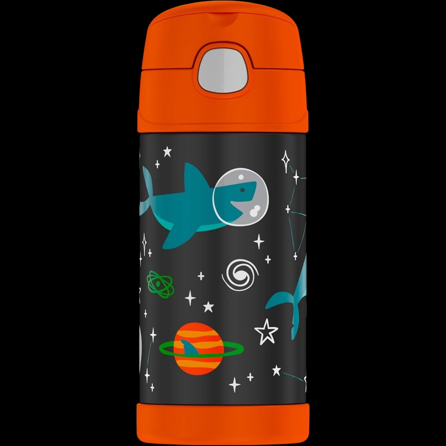 Garrafa Térmica Funtainer Thermos - 355ml com estampas divertidas de tubarão e espaço infantil. Ideal para bebidas frias por 12h.