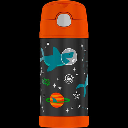 Garrafa Térmica Funtainer Thermos - 355ml com estampas divertidas de tubarão e espaço infantil. Ideal para bebidas frias por 12h.