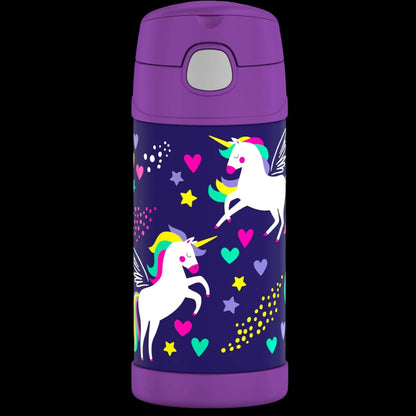 Garrafa Térmica Funtainer Thermos - 355ml com design de unicórnios coloridos, ideal para manter bebidas frias por 12 horas.