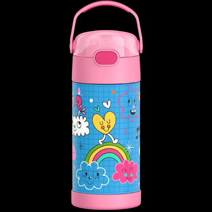 Garrafa Térmica Funtainer Thermos - 355ml para crianças, decoração azul e rosa com desenhos alegres.