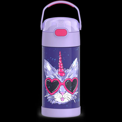 Garrafa Térmica Funtainer Thermos - 355ml infantil roxa com desenho de gato e óculos de coração, ideal para manter a bebida gelada por 12h.