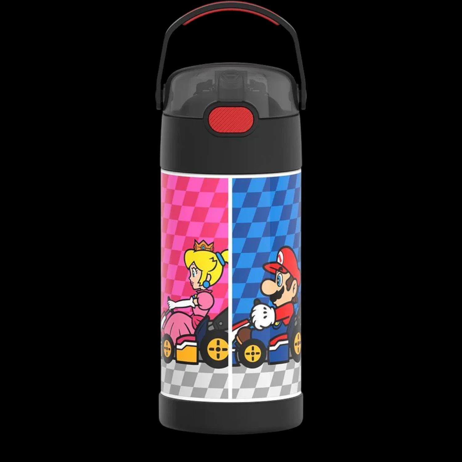 Garrafa Térmica Funtainer Thermos - 355ml com personagens de corrida coloridos em fundo preto