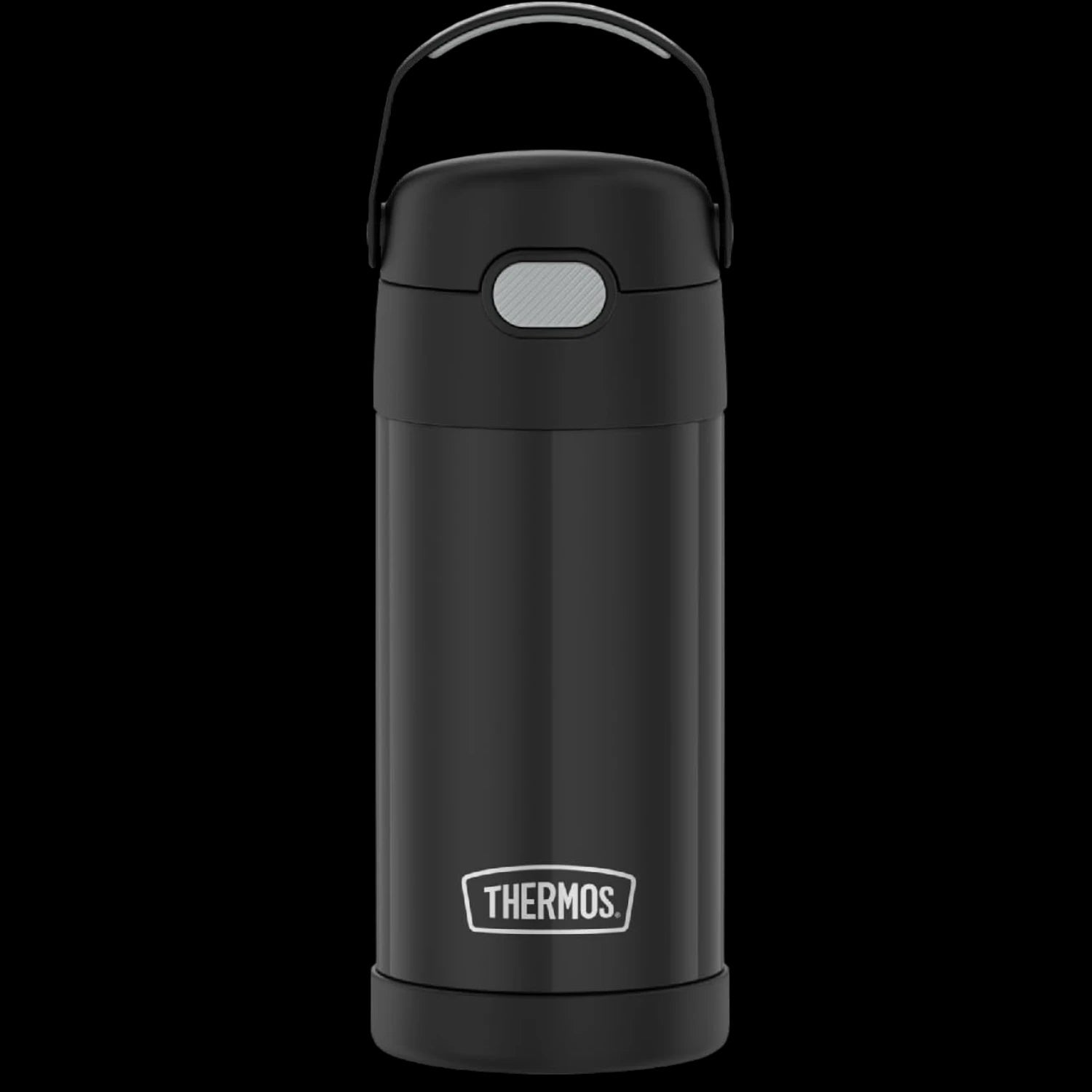 Garrafa Térmica Funtainer Thermos - 355ml preta, ideal para manter bebidas infantis geladas por 12 horas, com isolamento a vácuo.