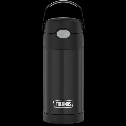 Garrafa Térmica Funtainer Thermos - 355ml preta, ideal para manter bebidas infantis geladas por 12 horas, com isolamento a vácuo.