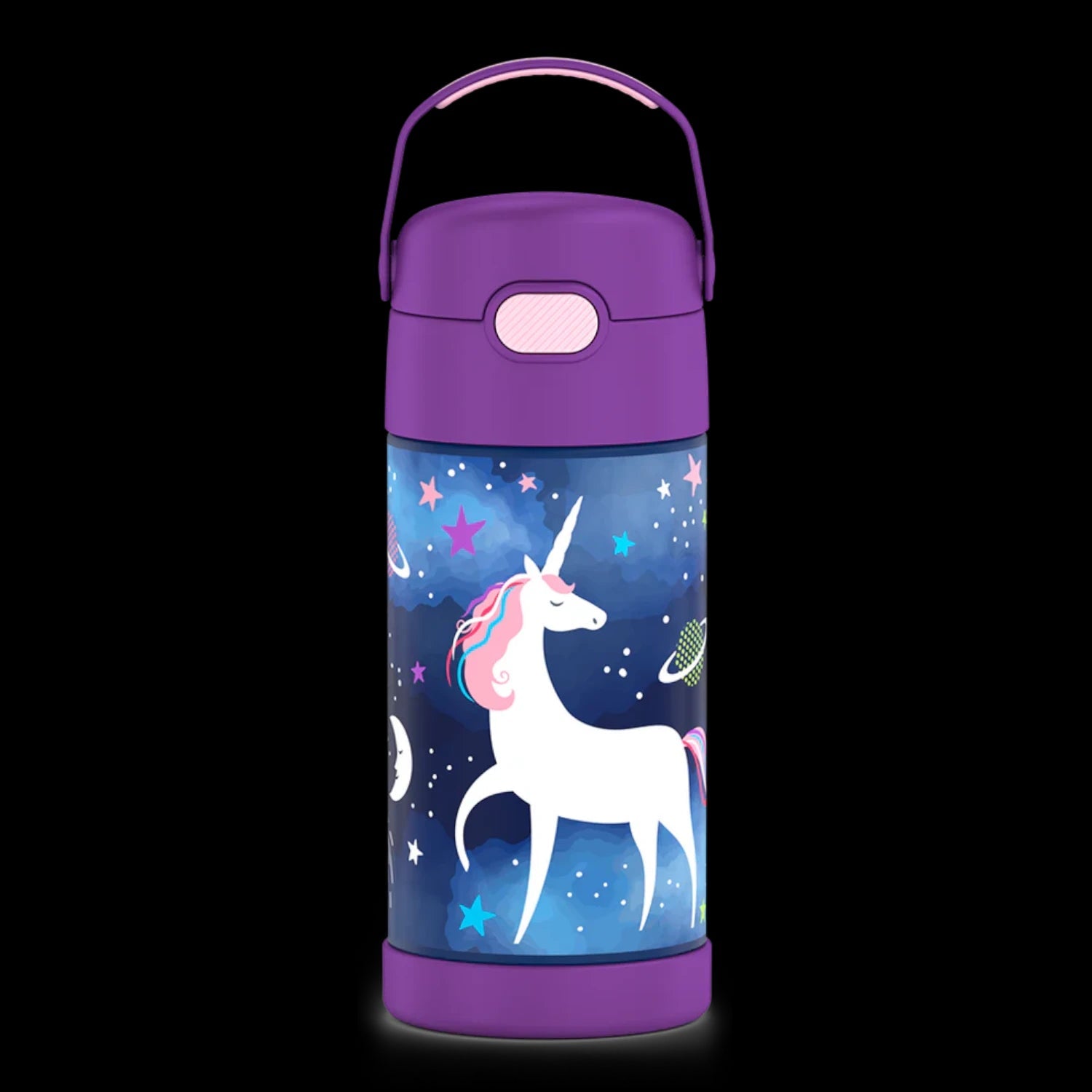 Garrafa Térmica Funtainer Thermos - 355ml com design de unicórnio em fundo espacial, ideal para manter bebidas frias por 12 horas.