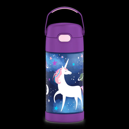 Garrafa Térmica Funtainer Thermos - 355ml com design de unicórnio em fundo espacial, ideal para manter bebidas frias por 12 horas.