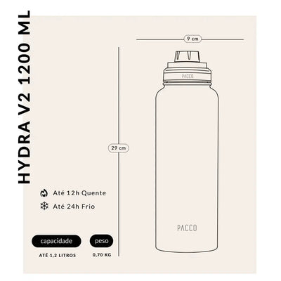 Ilustração da Garrafa Térmica PACCO Hydrav2 1200ml, com dimensões e especificações de retenção térmica.