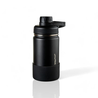 Garrafa Térmica GalaxyFlask® - 380ml preta em aço inoxidável com design robusto e isolamento térmico para bebidas quentes e frias.