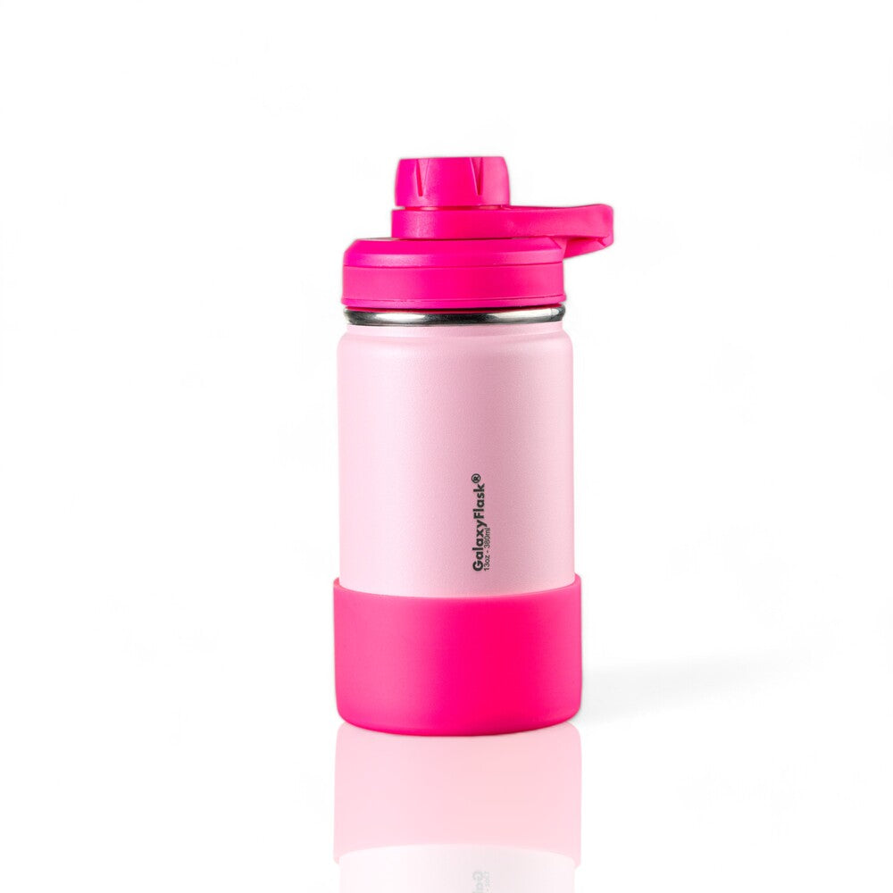Garrafa Térmica GalaxyFlask® - 380ml em rosa, mantém bebidas quentes por 12h e frias por 24h, feita em aço inoxidável.