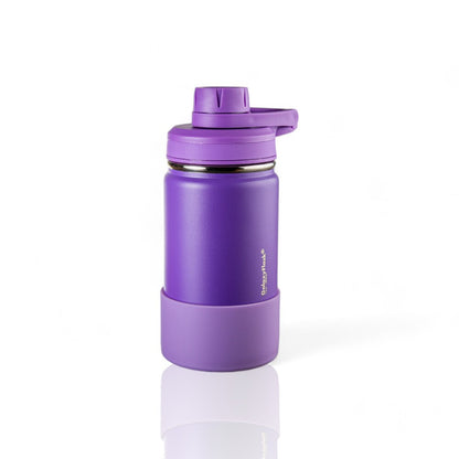 Garrafa Térmica GalaxyFlask® - 380ml em roxo, mantendo bebidas quentes por 12h e frias por 24h, design robusto em aço inoxidável.