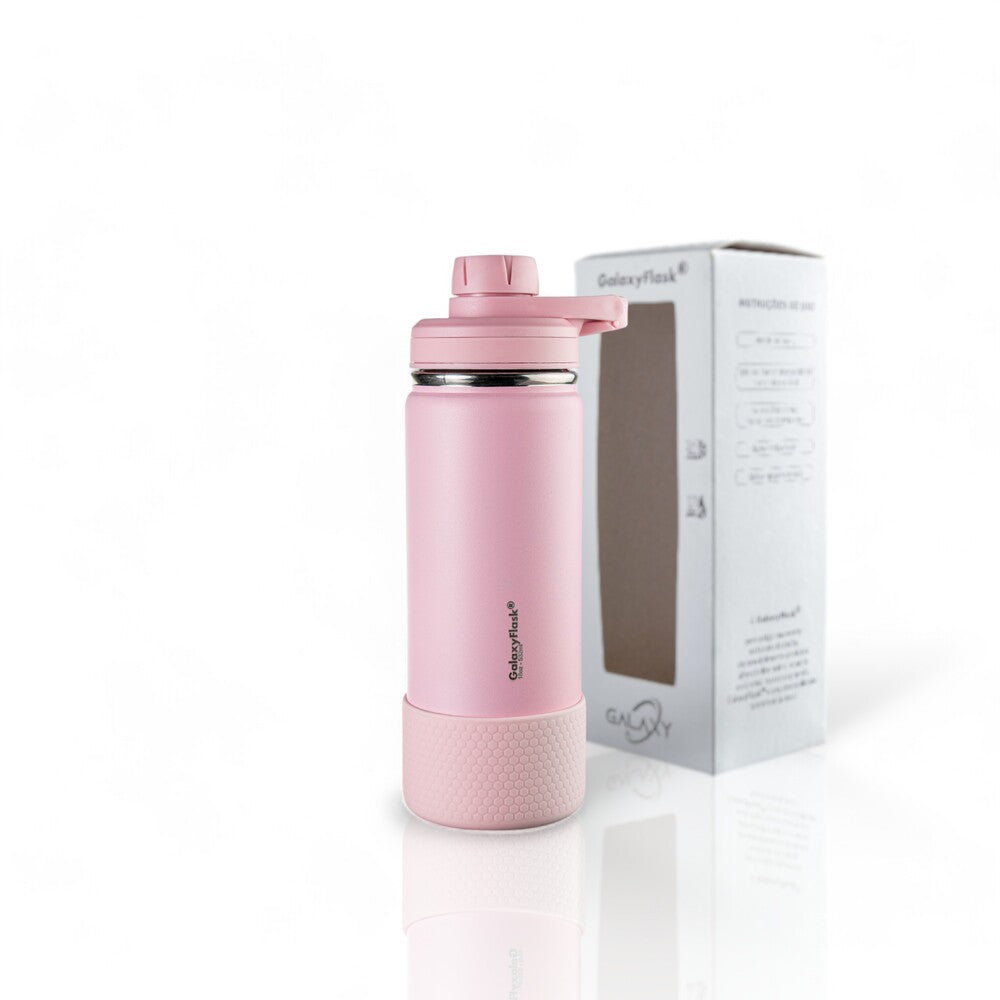 Garrafa Térmica GalaxyFlask® 532 - Alça Fixa rosa com embalagem, ideal para conservação térmica de bebidas quentes e frias.