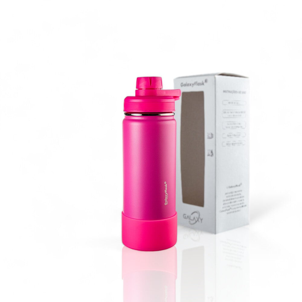Garrafa Térmica GalaxyFlask® 532 - Alça Fixa em rosa com caixa de embalagem ao fundo.