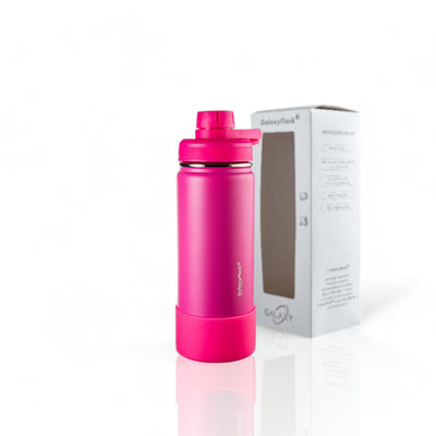 Garrafa Térmica GalaxyFlask® 532 - Alça Fixa em rosa com caixa de embalagem ao fundo.