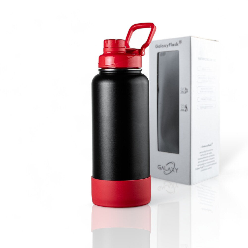 Garrafa Térmica GalaxyFlask® 946ml - Black Editions com tampa inovadora Spout Lid e design em preto e vermelho.