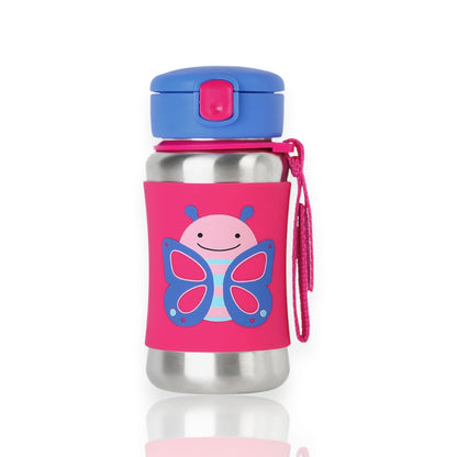 Garrafa Térmica de aço Inox - Skip Hop com capa de silicone rosa e desenho de borboleta, ideal para crianças.
