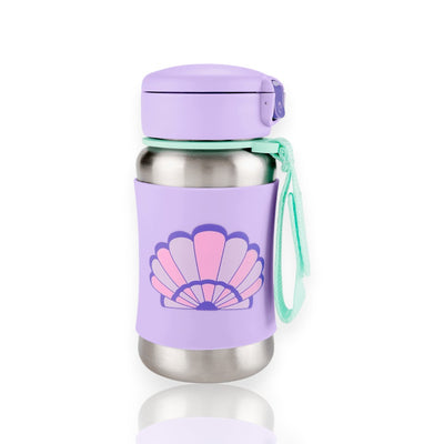 Garrafa Térmica de aço Inox - Skip Hop com capa de silicone roxa e alça ajustável, ideal para crianças, mantendo bebidas frescas por 6 horas.