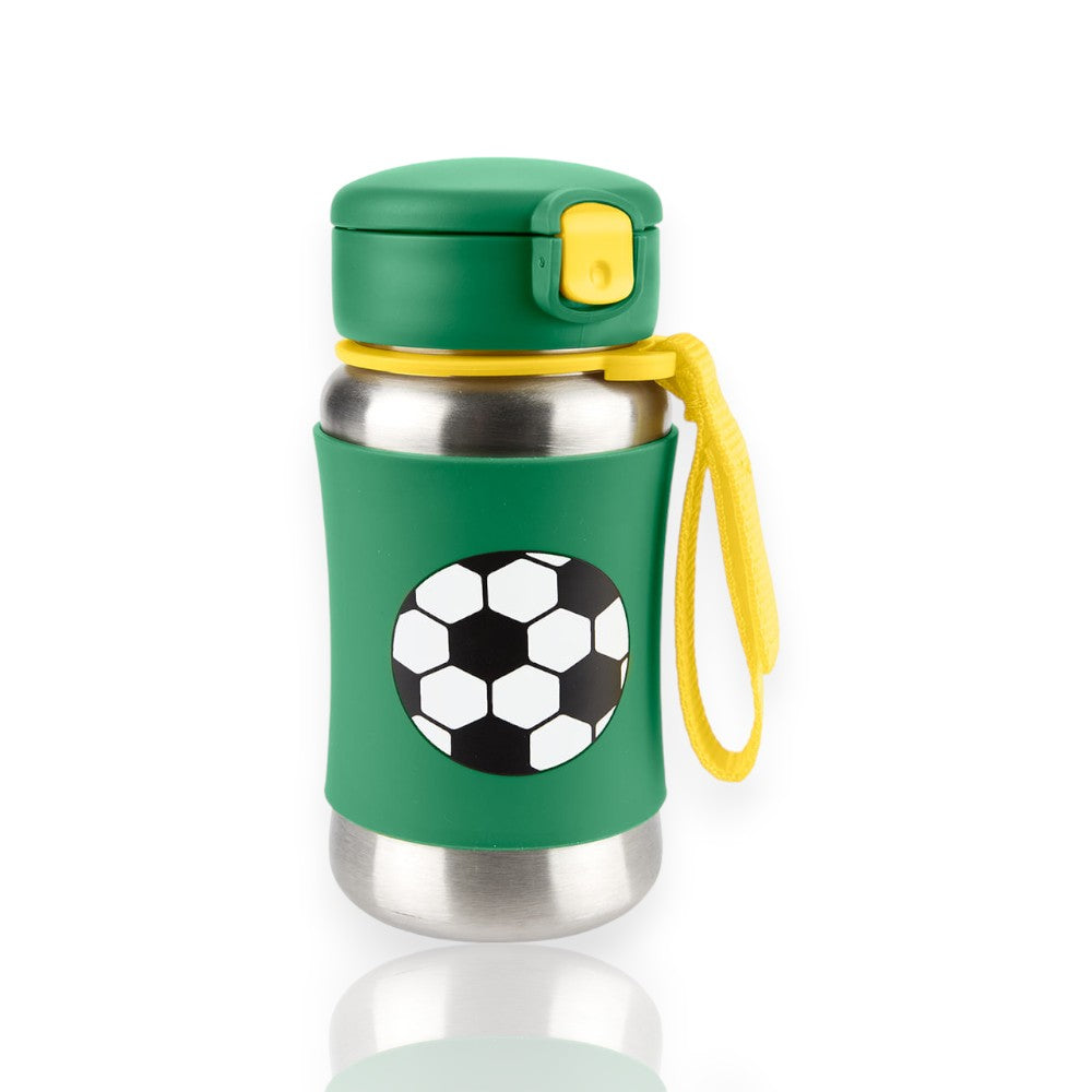 Garrafa Térmica de aço Inox - Skip Hop com capa silicone verde, estampa de bola, e alça amarela, ideal para manter bebidas frias.