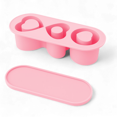 Forma de Gelo para Quencher - Todos os tamanhos em silicone rosa com moldes de coração.