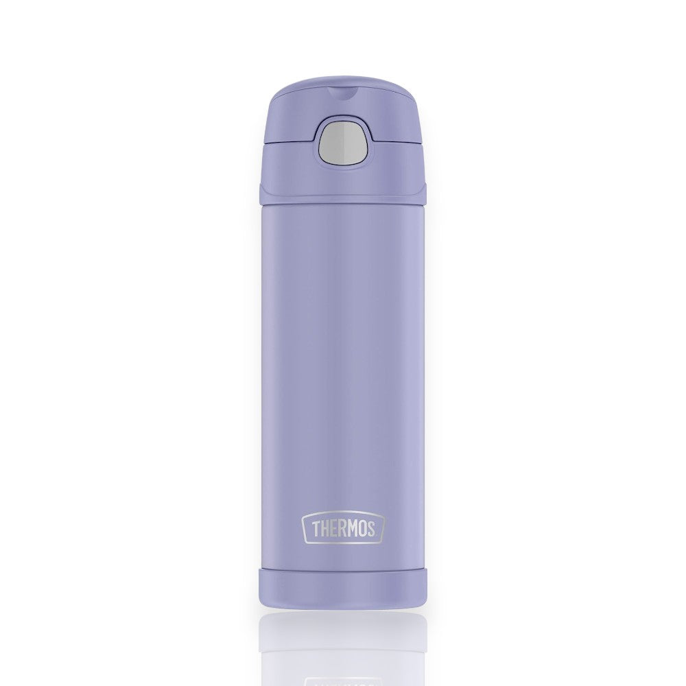 Garrafa Térmica Thermos Funtainer F411 - 470ml em roxo, mantém bebidas frias por até 12 horas, ideal para crianças.