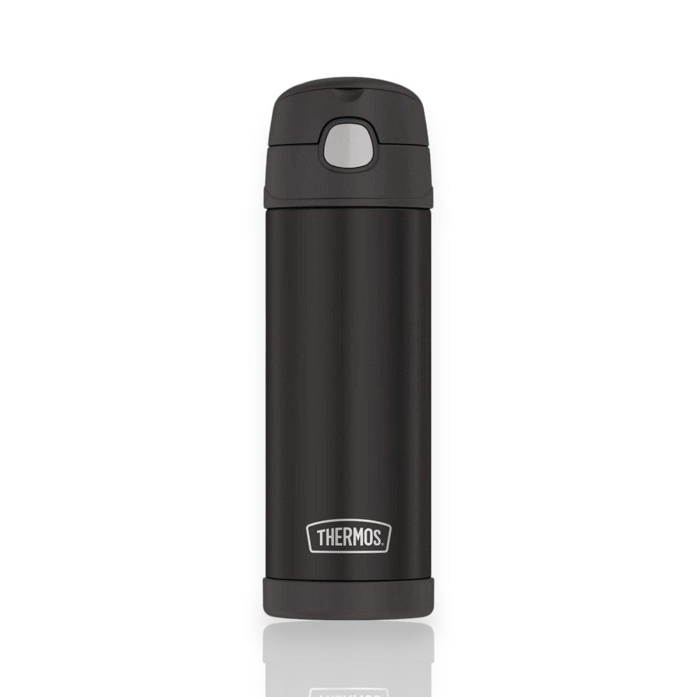 Garrafa Térmica Thermos Funtainer F411 - 470ml em cor preta, ideal para manter líquidos quentes ou frios por até 12 horas.