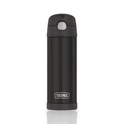 Garrafa Térmica Thermos Funtainer F411 - 470ml em cor preta, ideal para manter líquidos quentes ou frios por até 12 horas.