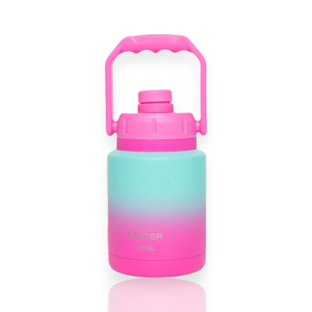 Garrafa Térmica Faster Growler - 1200ml rosa e azul com alça, ideal para viagens e acampamentos, mantém bebidas frias por até 24 horas.