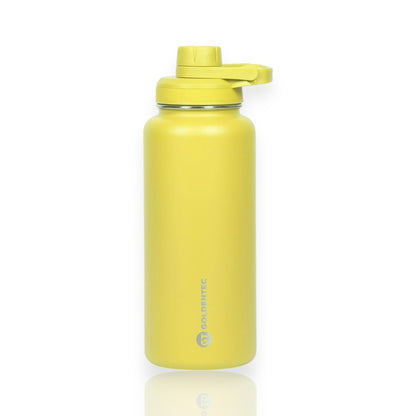 Garrafa Térmica Goldentec 1000ml amarela, ideal para manter bebidas quentes por 12h e frias por 24h com design durável em aço inoxidável.