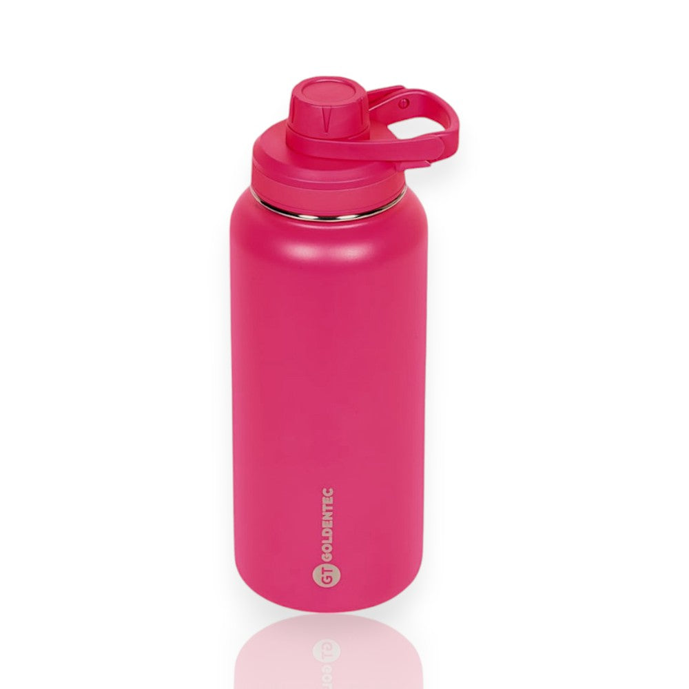 Garrafa Térmica Goldentec 1000ml rosa, retém temperatura quente e fria, ideal para trabalho, academia ou passeio ao ar livre.