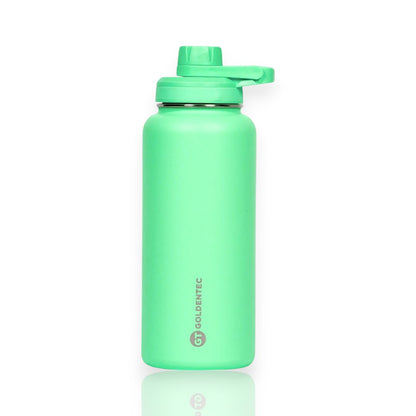 Garrafa Térmica Goldentec 1000ml verde, ideal para manter bebidas quentes ou frias por horas, perfeita para uso diário e atividades ao ar livre.