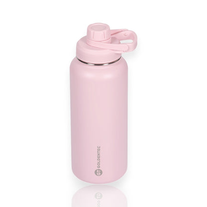 Garrafa Térmica Goldentec 1000ml em aço rosa, mantém bebidas frias por 24h e quentes por 12h, ideal para uso diário.