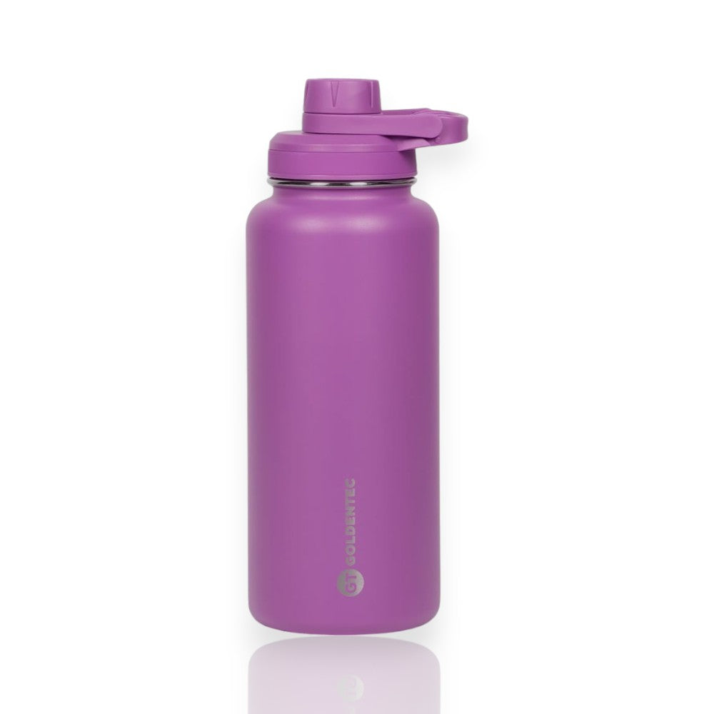 Garrafa Térmica Goldentec 1000ml em aço inoxidável roxo, ideal para manter bebidas quentes ou frias por longas durações.