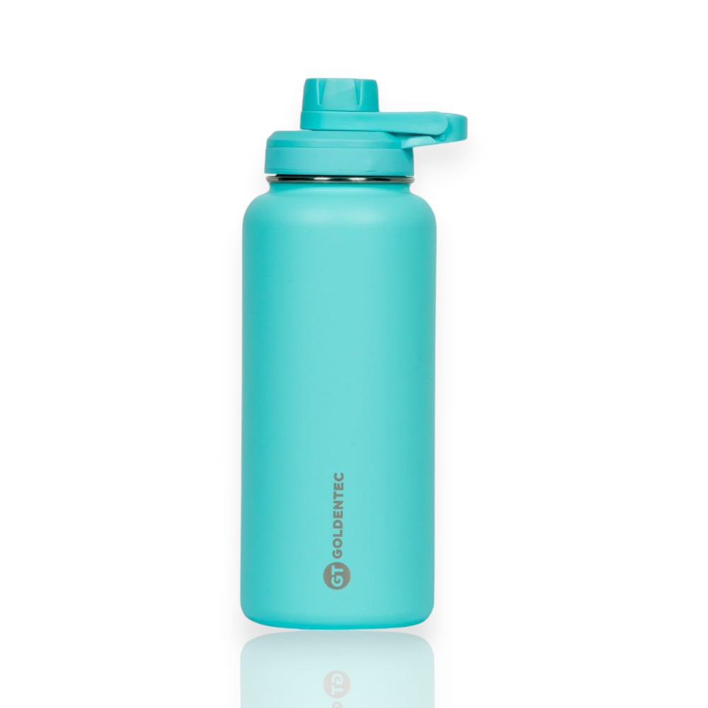 Garrafa Térmica Goldentec 1000ml azul, ideal para manter bebidas frias por 24 horas ou quentes por 12 horas, com design durável em aço.