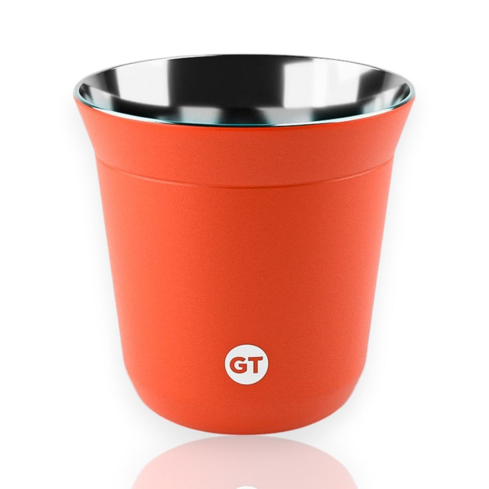 Copo Térmico Goldentec Espresso 150ml em Powder Coating laranja, ideal para bebidas seguras e sem BPA. Perfeito para qualquer ambiente.
