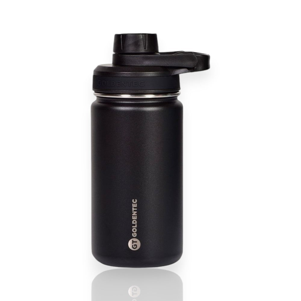 Garrafa Térmica Goltentec 350ml preta com design prático, ideal para manter bebidas frias por 24h ou quentes por 12h.