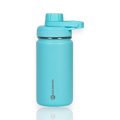 Garrafa Térmica Goltentec 350ml em azul com design compacto e isolamento a vácuo, ideal para manter bebidas frias ou quentes.