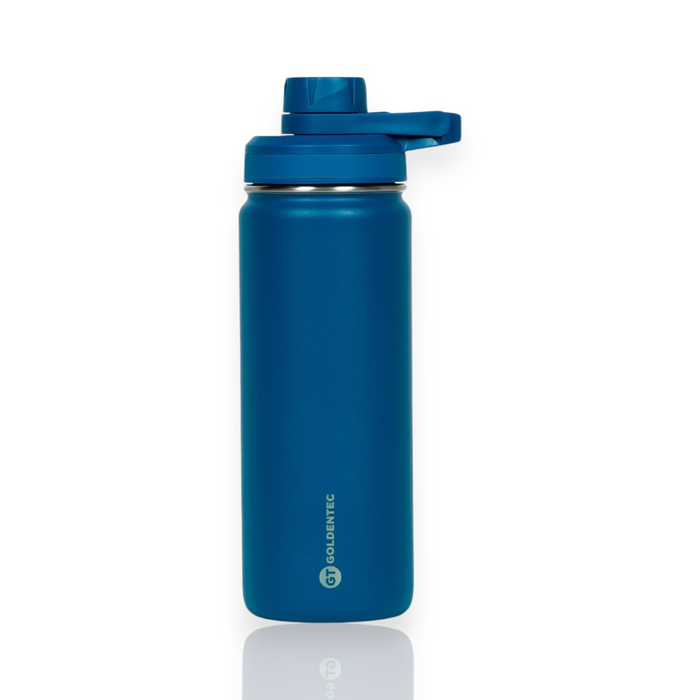 Garrafa Térmica Goldentec 500ml azul metálica com tampa prática, ideal para manter bebidas quentes e frias com eficiência por horas.