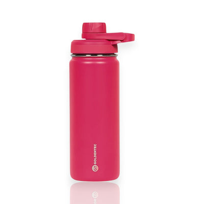 Garrafa Térmica Goldentec 500ml rosa, design moderno, mantém bebidas quentes por 12h e frias por 24h. Perfeita para atividades ao ar livre.