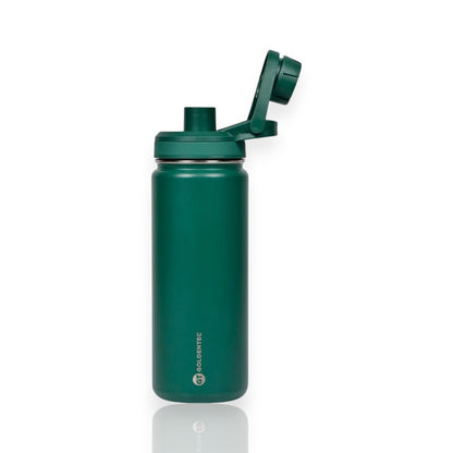 Garrafa Térmica Goldentec 500ml verde com isolamento térmico para bebidas quentes e frias, ideal para atividades ao ar livre.