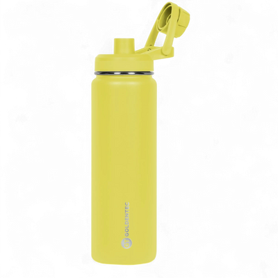 Garrafa Térmica Goldentec 750ml amarela com tampa flip, ideal para manter bebidas quentes por 12h e frias por 24h, estilo e eficiência.