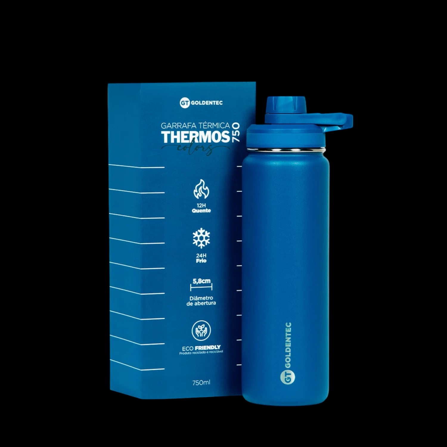 Garrafa Térmica Goldentec 750ml azul com caixa, mantém bebidas quentes por 12h e frias por 24h, estilo e eficiência com isolamento a vácuo.