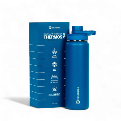 Garrafa Térmica Goldentec 750ml azul com caixa, mantém bebidas quentes por 12h e frias por 24h, estilo e eficiência com isolamento a vácuo.
