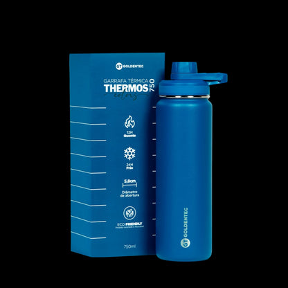 Garrafa Térmica Goldentec 750ml azul com caixa, mantém bebidas quentes por 12h e frias por 24h, estilo e eficiência com isolamento a vácuo.