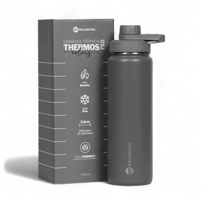 Garrafa Térmica Goldentec 750ml em aço inoxidável, mantém bebidas quentes por 12h e frias por 24h, ideal para o dia a dia.