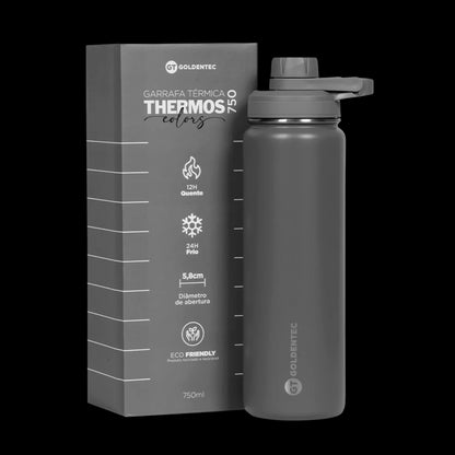 Garrafa Térmica Goldentec 750ml em aço inoxidável, mantém bebidas quentes por 12h e frias por 24h, ideal para o dia a dia.